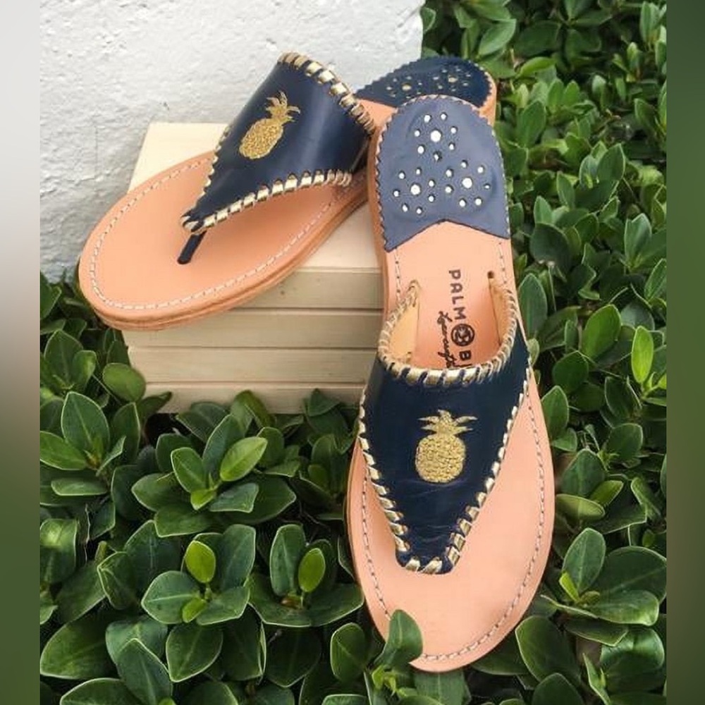Palm Beach Sandals Pineapple Leather Beach Navy & Gold Shoes Size 9